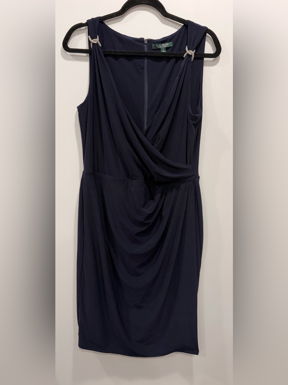 Ralph Lauren Navy Draped Midi Dress with Shoulder Rings